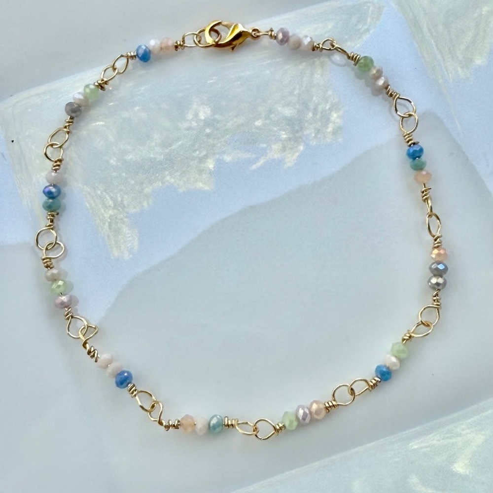 Hand Crafted Pastel Faceted Mini Beads Wire Wrapped in Gold Toned Wire
